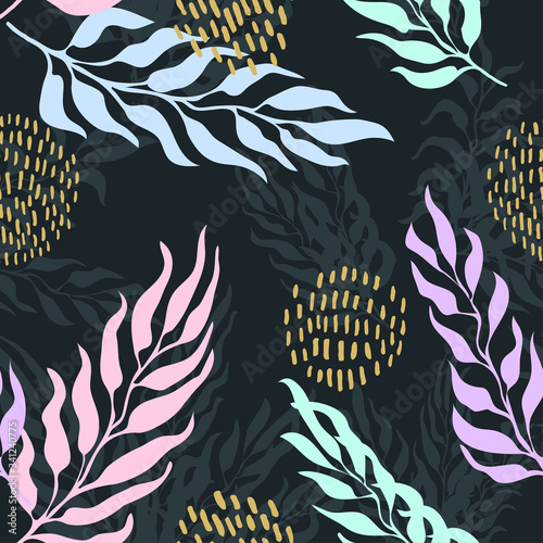Vector seamless pattern with colorful illustration of exotic leaves. Use it for wallpaper, textile print, pattern fills, web page, surface textures, wrapping paper, design of presentation