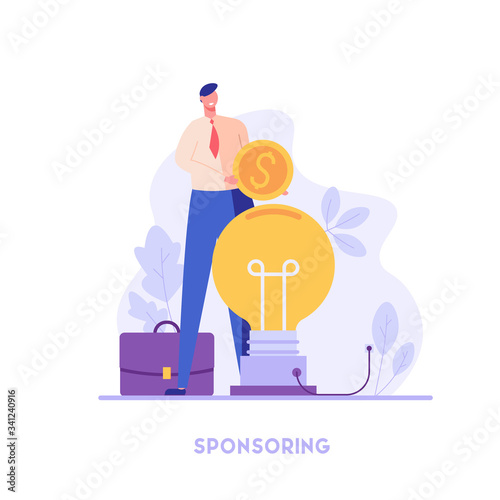 Successful businessman investing money in big idea. Sponsor standing with coin. Concept of startup, sponsoring, crowdfunding. Vector illustration for UI, web banner, mobile app