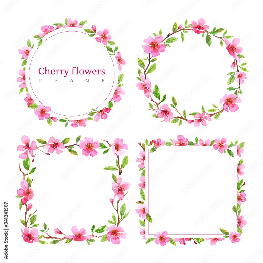 Set of watercolor cherry blossom flower square frame wreath. Sakura beautiful spring floral template collection Set of watercolor cherry blossom flower square frame wreath. Sakura beautiful spring floral template collection