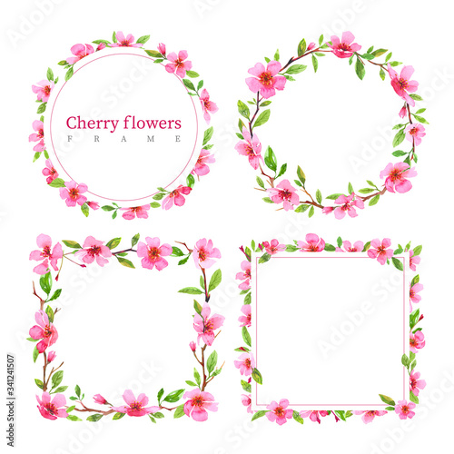 Wallpaper Mural Set of watercolor cherry blossom flower square frame wreath. Sakura beautiful spring floral template collection Torontodigital.ca