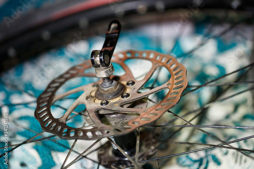 Bicycle disc brake .Rear disc brake on mountain bike . Visit my portfolio to see other photos of bicycle parts