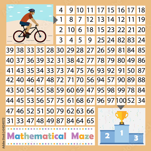 colorful math maze game for kids theme sport, help the cyclist take first place and get the Cup background blue, vector illustration, education, design children's books