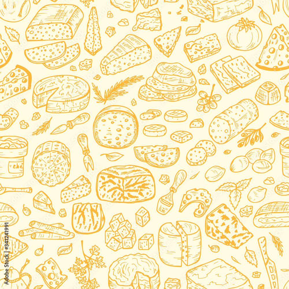 Hand Drawn Doodle various types of cheese: roquefort, parmesan, goat cheese, mozzarella, smoked gouda, blue cheese. Vector Seamless pattern.
