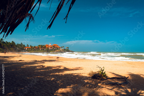 Piękna tropikalna plaża, ocean i fale na tle błękitnego nieba. © insomniafoto