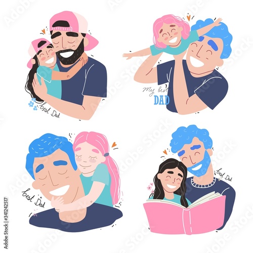 Fathers day, happy family daughter hugs dad and smiling
