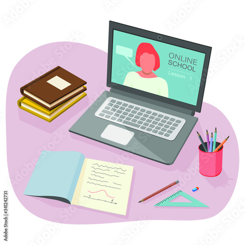 Vector concept for online education. Online training courses, retraining, specialization, study guides. Can be used for web design, banners, promotional materials, etc. Flat vector illustration.