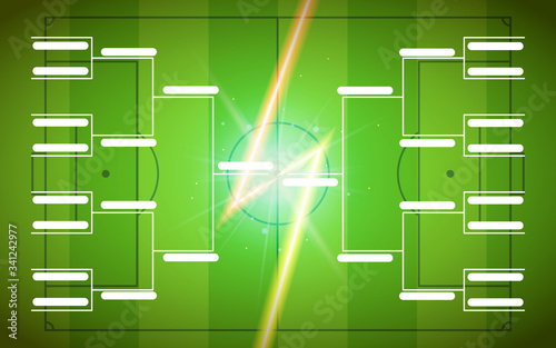 Tournament bracket template for 16 teams on green soccer field background with flash