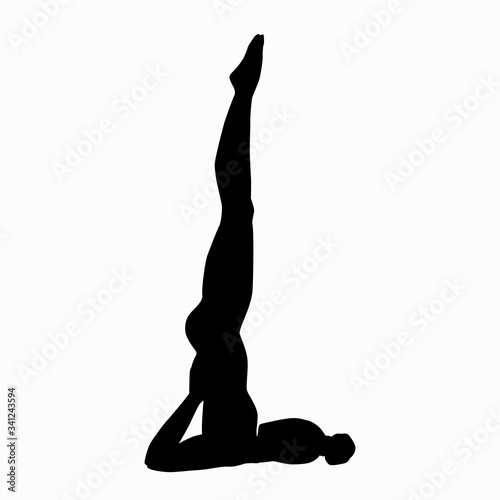 The girl practices yoga in  candle pose. The black silhouette of a woman doing  exercise, legs are raised up, hands support the body vertically. Stock vector illustration isolated on white background.