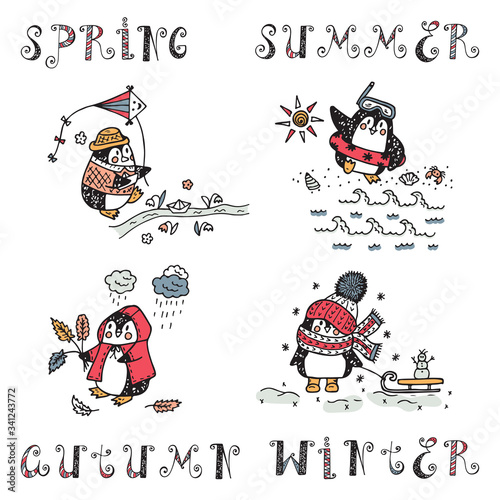 Penguins. Hand drawn doodle Cute penguins. Birds set. Seasons set. Four seasons icons. Times of year. Weather. Cartoon Funny penguins at different times of year - vector illustration
