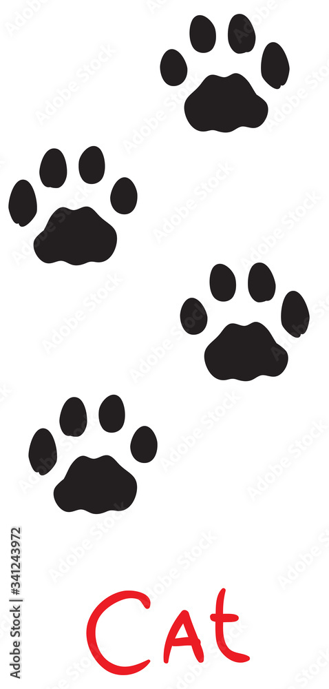 set of black cat footprints, icon, isolated object on white background, vector illustration, set of black cat footprints, icon, isolated object on white background, vector illustration,