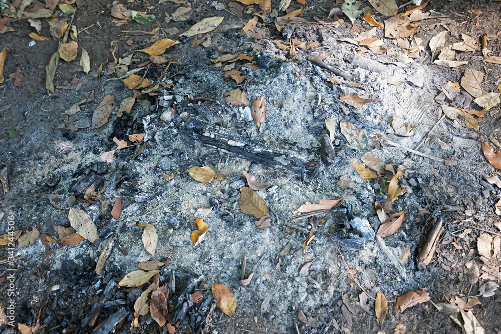 Close up burning log and outdoor fireplace on the ground Close up burning log and outdoor fireplace on the ground