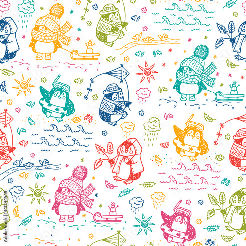 Penguins. Hand drawn doodle Cute penguins Seamless pattern. Four Seasons. Times of year. Weather. Funny penguins at different times of year - vector illustration

