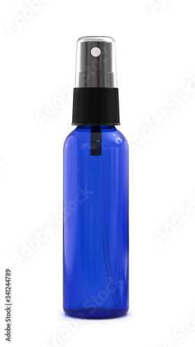 2 oz Blue Transparent Antibacterial Hand Sanitizer, Lens Cleaner, Anti Fog or Men Delay Spray. 3D Render Isolated on White Background.
