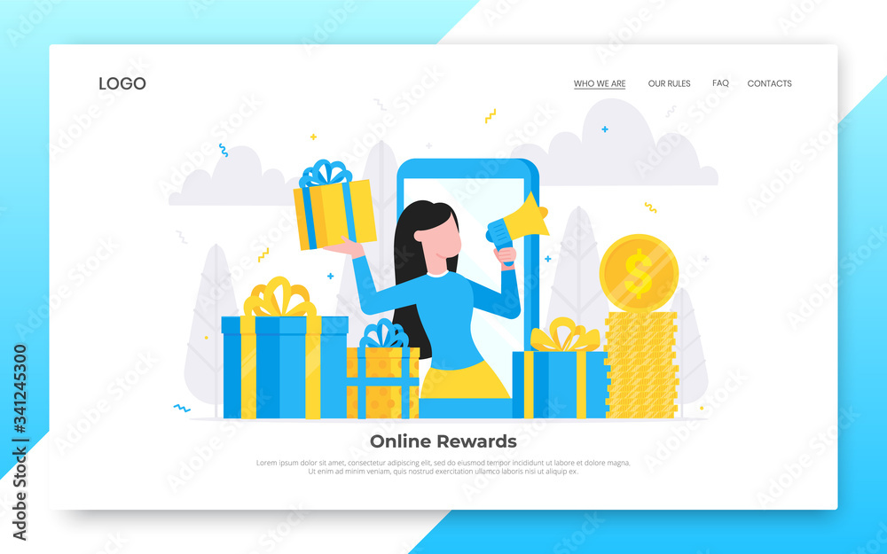 Online reward flat style design vector illustration landing page concept. Woman with megaphone and gift box standing up in the smartphone and shout out to the people. Online reward flat style design vector illustration landing page concept. Woman with megaphone and gift box standing up in the smartphone and shout out to the people.