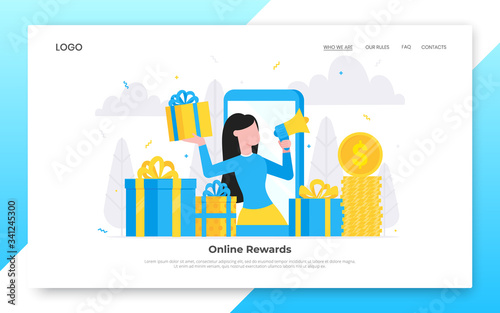 Online reward flat style design vector illustration landing page concept. Woman with megaphone and gift box standing up in the smartphone and shout out to the people.