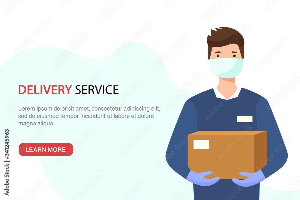 Young man in a protective medical mask and gloves keeps parcel. Safe delivery and courier service during coronavirus pandemic. Flat vector Logistics concept with copy space on white background. Young man in a protective medical mask and gloves keeps parcel. Safe delivery and courier service during coronavirus pandemic. Flat vector Logistics concept with copy space on white background.