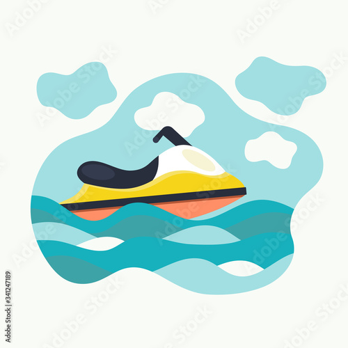 Flat jet ski. Hydrocycle in the waves. Water bike. Vector.