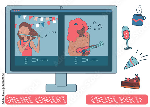 Girls play online concert on ukulele and flute. Live stream during coronavirus quarantine. Flat vector.