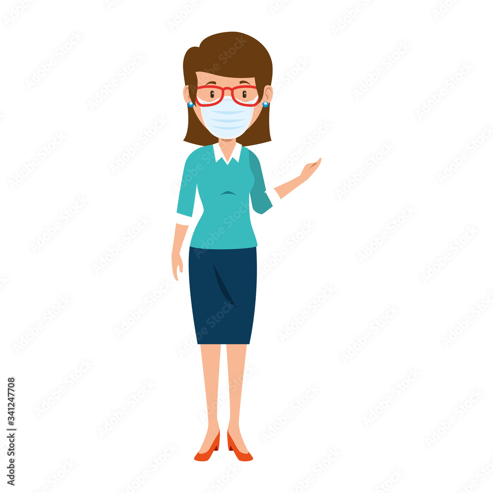 business woman with face mask and eyeglasses vector illustration design