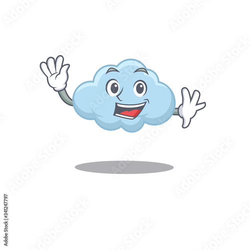 A charismatic blue cloud mascot design style smiling and waving hand