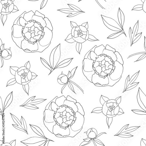 Seamless pattern with grey peony flowers and leaves. Vector Hand drawn doodle illustration. For scrapbooking, packaging, fabrics, wallpaper, textiles.