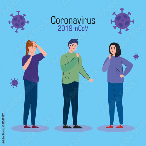 group of young people sick of coronavirus 2019 ncov vector illustration design