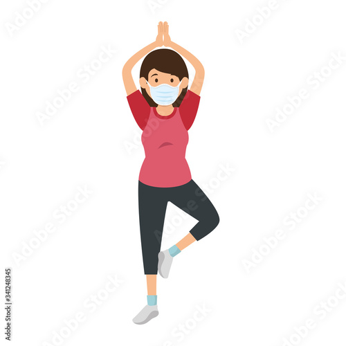 young woman using face mask practicing exercise vector illustration design
