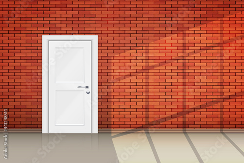 Interior of red brick wall closed door and sunlight from window. Loft interior and Vintage room concept. Vector Illustration.