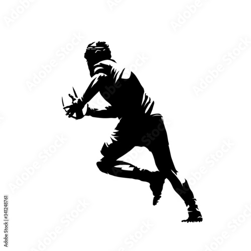 Rugby player running with ball, isolated vector silhouette, ink drawing