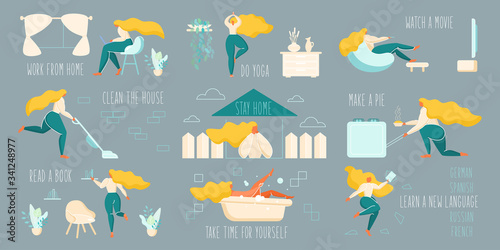 Stay home flat vector illustration set - dark photo