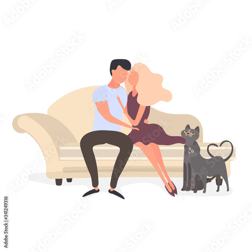 Loving couple sitting on the couch. Lovers hug each other isolated on a white background. Element for the design of cards, banners and posters on the theme of love and Valentine's Day. Vector.