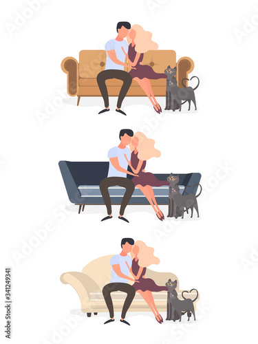 Fototapeta Naklejka Na Ścianę i Meble -  Loving couple sitting on the couch. Lovers hug each other isolated on a white background. Element for the design of cards, banners and posters on the theme of love and Valentine's Day. Vector.