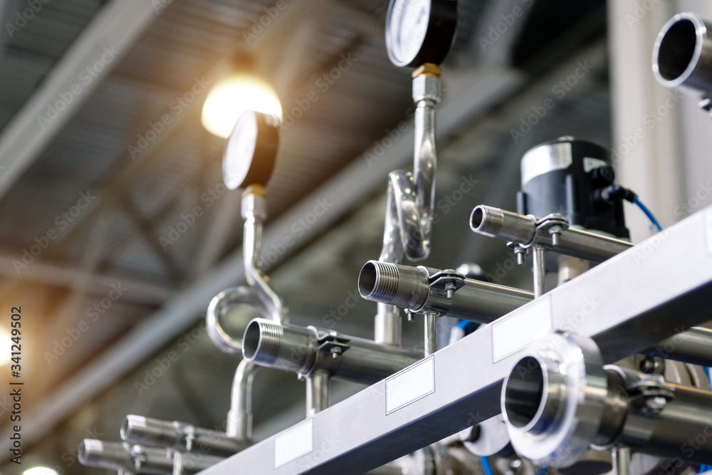 Distribution system of ball valves and metal pipelines and manometers. Equipment for the food industry. Distribution system of ball valves and metal pipelines and manometers. Equipment for the food industry.