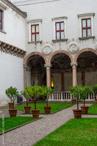 Courtyard of a historic castle complex in Trento  Italy. Trees in pots mark the way. Tourists walk among the colonnades.
