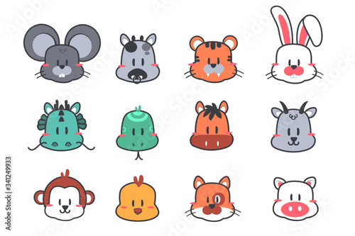 12 chinese zodiac cartoon animal icons, horoscope.