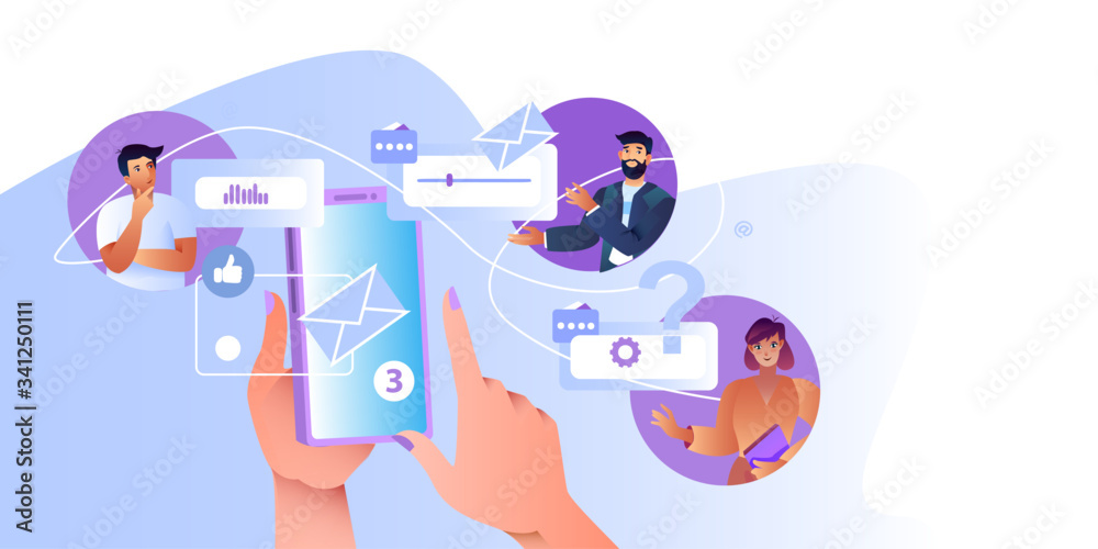 Social media concept with hands, smartphone, female and male characters. Online chat banner with message, folder, like icons. Remote teamwork background with business people. Social media concept with hands, smartphone, female and male characters. Online chat banner with message, folder, like icons. Remote teamwork background with business people.
