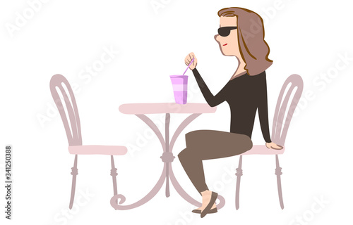 カフェのテーブルでジュースを飲む女性のイラスト