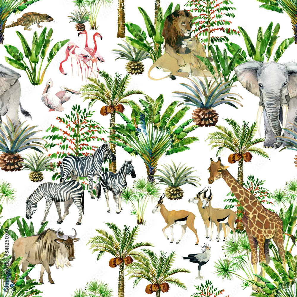 seamless patterns with safari animals and tropical trees. jungle nature watrcolor illustration. giraffe, zebra, antelope, flamingo, elephant, lion, pelican. wildlife