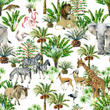 seamless patterns with safari animals and tropical trees. jungle nature watrcolor illustration. giraffe, zebra, antelope, flamingo, elephant, lion, pelican. wildlife