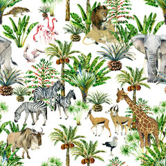 Sierkussen Tropische print patronen Aquarel safari dieren tropische bomen  © Елена Фаенкова