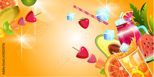 Summer background with fruit, cocktail, lemonade, ice, strawberry. Exotic beach party banner with cold beverages and copy space. Tropical sunny concept for menus, advertisements, flyers