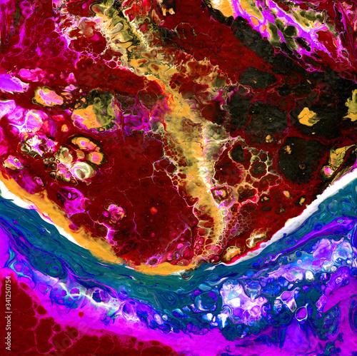 Abstraction painted with liquid acrylic, burgundy, yellow, pink and turquoise
