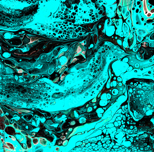 Abstraction painted with liquid acrylic, the turquoise shapes with black