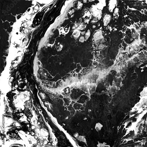 Abstraction painted with liquid acrylic, black and white shapes