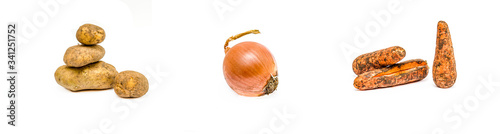 Onions, potatoes, carrots isolated on white background. Set of vegetables.