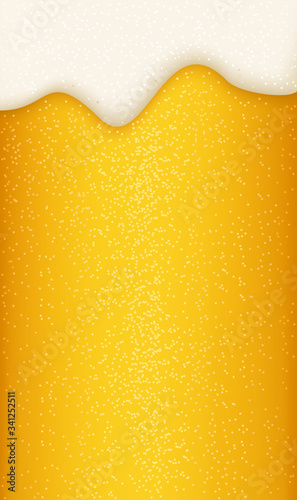 Beer with foam and bubbles, lager beer background. Poster template of seamless realistic craft beer, alcohol drink. Vector illustration