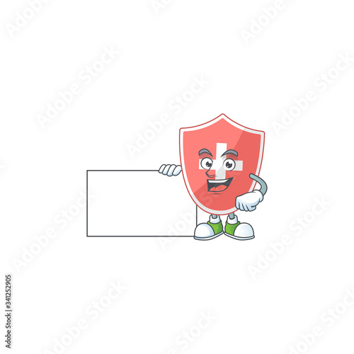 Medical shield cartoon character concept Thumbs up having a white board