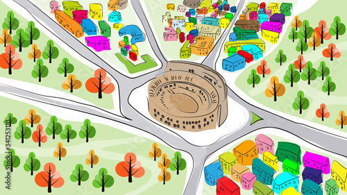 The colorful city of Rome. Hand-drawn. Imitation of a coloring picture with watercolor paints. Children's drawing.