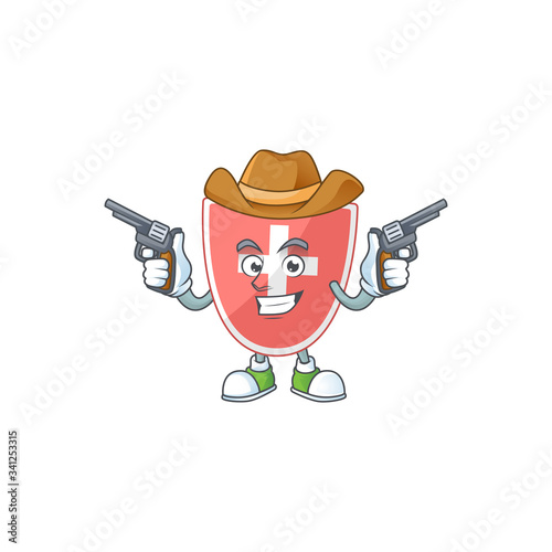 A cowboy cartoon character of medical shield holding guns