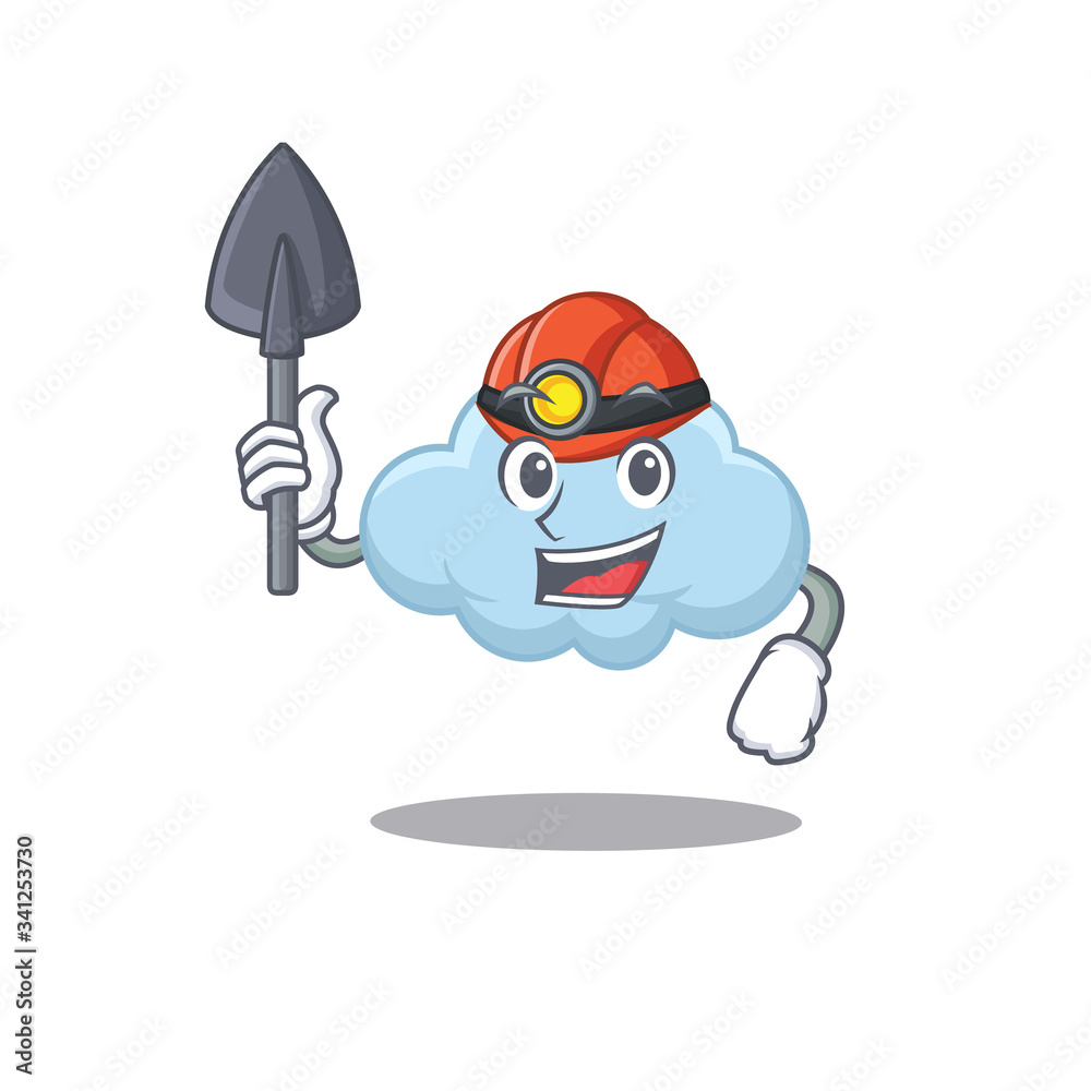 Obraz premium Blue cloud miner cartoon design concept with tool and helmet